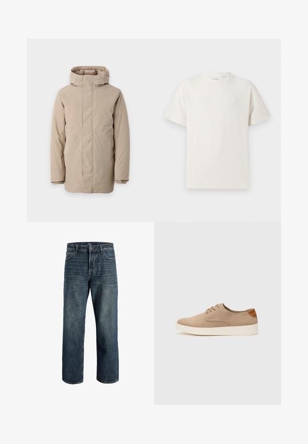 Bežinė pūkinė striukė, pasižyminti aukšta apykakle, ilgomis rankovėmis ir elegantišku dizainu. Pagaminta iš lygios medžiagos su vandens atspariu pabaiga.; Balta trumpa rankovė T-polo marškinėlių su juostelėmis tekstūra. Apvalus iškirpimas, laisvas fasonas, jokių matomų raštų ar akcentų. Paprastas ir universalus dizainas.; Tamsiai mėlynos džinsinės kelnės laisvu siluetu, su penkių kišenių dizainu, mygtukų ir užtrauktuko uždarymu bei matomomis siūlėmis.; Bežiniai zomšiniai sportbačiai su apvaliomis pirštų dalimis, raišteliais priekyje ir tekstūruotu užkulniu. Balta guma suteikia kontrastą. Paprastas ir modernus dizainas.