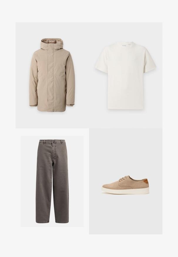 Beige puffer jacket featuring a high collar, long sleeves, and a streamlined design. Made from smooth fabric with a water-resistant finish.; White short-sleeve T-shirt in a ribbed texture. Round neckline, relaxed fit, no visible patterns or accents. Simple and versatile design.; Gray wide-leg trousers made of cotton blend; features a button closure, belt loops, and front pockets; smooth, durable texture.; Beige suede sneakers with a rounded toe, lace-up front, and a textured back accent. White rubber sole provides contrast. Simple and modern design.