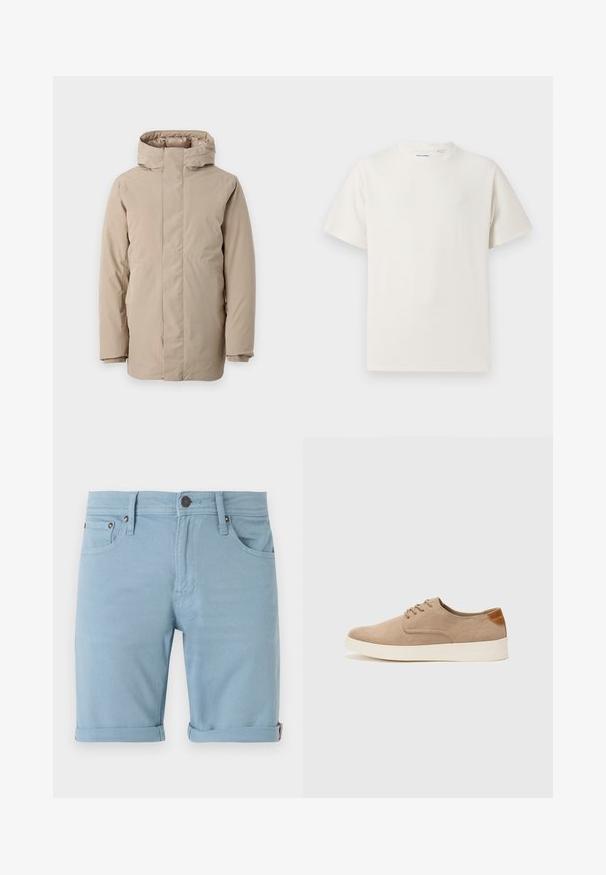 Bežinė pūkinė striukė, pasižyminti aukšta apykakle, ilgomis rankovėmis ir elegantišku dizainu. Pagaminta iš lygios medžiagos su vandens atspariu pabaiga.; Balta trumpa rankovė T-polo marškinėlių su juostelėmis tekstūra. Apvalus iškirpimas, laisvas fasonas, jokių matomų raštų ar akcentų. Paprastas ir universalus dizainas.; Šviesiai mėlynos džinsinės šortai su klasikinio penkių kišenių dizainu, suktomis apykaklėmis, priekyje ir gale esančiais siuvinėjimais bei tamsiu mygtuko uždarymu.; Bežiniai zomšiniai sportbačiai su apvaliomis pirštų dalimis, raišteliais priekyje ir tekstūruotu užkulniu. Balta guma suteikia kontrastą. Paprastas ir modernus dizainas.