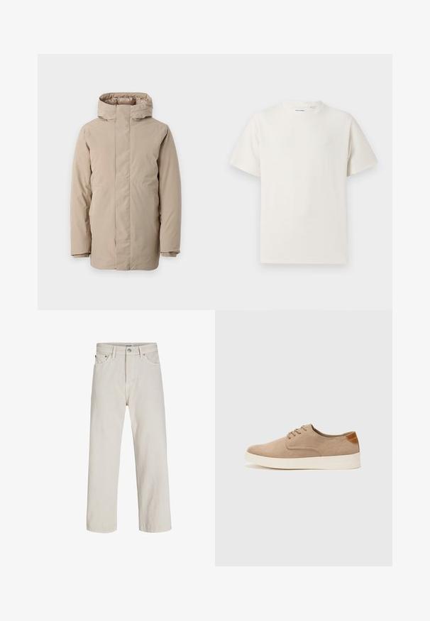 Jachetă puf bej, cu guler înalt, mâneci lungi și un design aerodinamic. Fabricată dintr-un material neted, cu un finisaj rezistent la apă.; Tricou alb cu maneci scurte, dintr-un material ribbed. Guler rotund, croi lejer, fără modele sau accente vizibile. Design simplu și versatil.; Pantaloni din denim bej deschis cu croială dreaptă, având buzunare frontale, închidere cu nasture și detalii subtile de broderie.; Tenisi din suede bej cu vârf rotund, sistem de șireturi în față și un accent texturat în spate. Talpa albă din cauciuc oferă un contrast. Design simplu și modern.