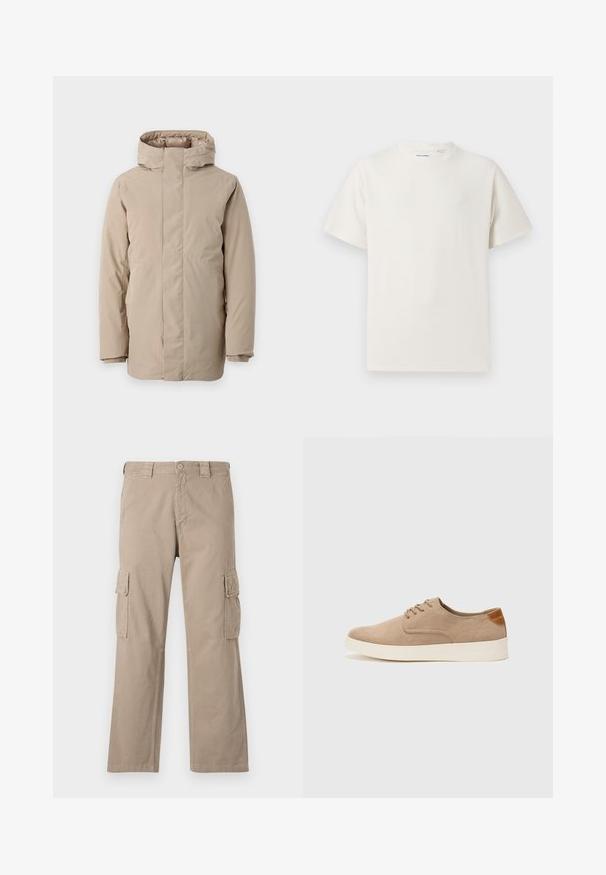 Beige pufferjakke med høy krage, lange ermer og strømlinjeformet design. Laget av glatt stoff med en vannavvisende finish.; Hvit T-skjorte med kort erm i ribbestrikket tekstur. Rund hals, avslappet passform, ingen synlige mønstre eller detaljer. Enkelt og allsidig design.; Beige cargo bukser laget av bomull med rett ben design, med to cargo lommer på sidene og knappelukking i midjen.; Beige semskinnsko med rund tå, snøring foran og en teksturert bakre aksent. Hvit gummisåle gir kontrast. Enkelt og moderne design.