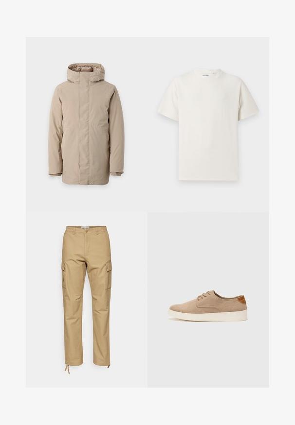 Beżowa kurtka puchowa z wysokim kołnierzem, długimi rękawami i stonowanym designem. Wykonana z gładkiego materiału o wodoodpornym wykończeniu.; Biała krótka koszulka z krótkim rękawem o żebrowanej fakturze. Okrągły dekolt, luźny krój, brak widocznych wzorów lub akcentów. Prosty i uniwersalny design.; Beżowe bojówki o prostym kroju, wykonane z bawełny. Posiadają boczne kieszenie, zapięcie na guzik oraz regulowane wiązania przy kostkach.; Beżowe zamszowe sneakersy z okrągłym noskiem, sznurowanym przodem i teksturowanym akcentem na tyle. Biała gumowa podeszwa tworzy kontrast. Prosty i nowoczesny design.