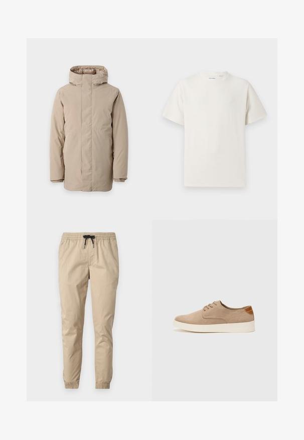 Beige pufferjakke med høy krage, lange ermer og strømlinjeformet design. Laget av glatt stoff med en vannavvisende finish.; Hvit T-skjorte med kort erm i ribbestrikket tekstur. Rund hals, avslappet passform, ingen synlige mønstre eller detaljer. Enkelt og allsidig design.; Beige lette bukser med elastisk liv og snøring, med tapered ben og elastiske mansjetter. Glatt, strukturert stoff.; Beige semskinnsko med rund tå, snøring foran og en teksturert bakre aksent. Hvit gummisåle gir kontrast. Enkelt og moderne design.