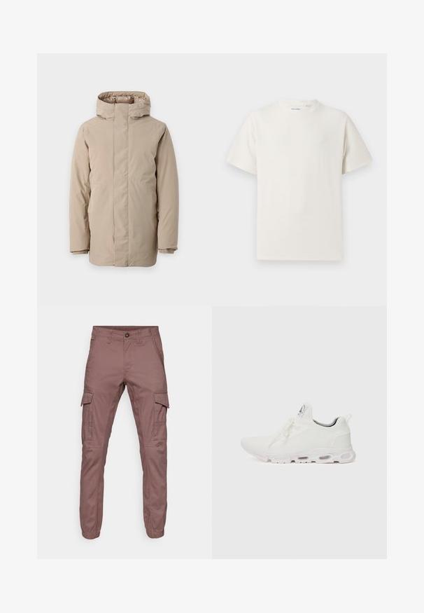 Beige puffer jacket featuring a high collar, long sleeves, and a streamlined design. Made from smooth fabric with a water-resistant finish.; White short-sleeve T-shirt in a ribbed texture. Round neckline, relaxed fit, no visible patterns or accents. Simple and versatile design.; Cargo pants in soft burgundy fabric with elastic cuffs, multiple side pockets, and flat front design, suitable for casual wear or outdoor activities.; White athletic shoes featuring a textured knit upper, flat laces, and a cushioned sole with visible air chambers for added support.