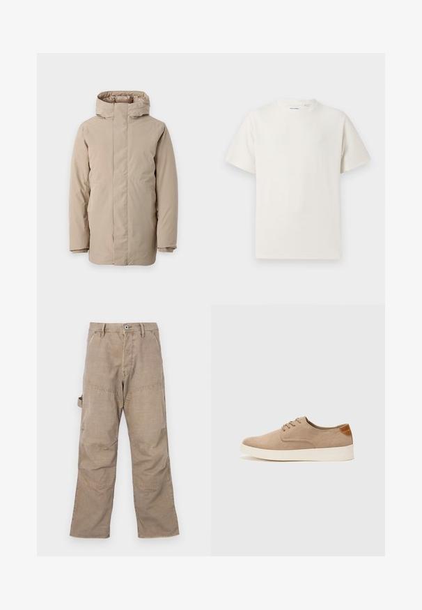 Beige Steppjacke mit hohem Kragen, langen Ärmeln und einem schlanken Design. Hergestellt aus glattem Stoff mit wasserabweisender Beschichtung.; Weißes T-Shirt mit kurzen Ärmeln in gerippter Textur. Runder Ausschnitt, lockere Passform, keine sichtbaren Muster oder Akzente. Einfaches und vielseitiges Design.; Braune Cargo-Hosen mit sichtbaren Nähten, weitem Bein und vier Taschen. Aus robustem Stoff gefertigt, mit leichter Textur und Knopfverschluss.; Beige Wildleder-Sneaker mit runder Zehenpartie, Schnürung und strukturiertem Rückenteil. Die weiße Gummisohle sorgt für einen Kontrast. Einfaches und modernes Design.