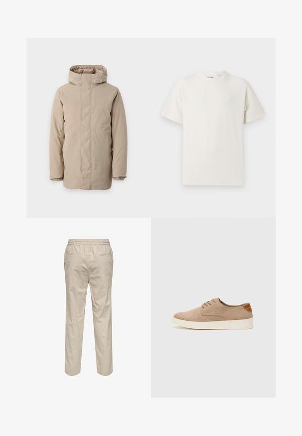 Beige puffer jacket featuring a high collar, long sleeves, and a streamlined design. Made from smooth fabric with a water-resistant finish.; White short-sleeve T-shirt in a ribbed texture. Round neckline, relaxed fit, no visible patterns or accents. Simple and versatile design.; Light beige cotton trousers with an elastic waistband, two side pockets, and a straight-leg cut. Smooth texture with minimal detailing.; Beige suede sneakers with a rounded toe, lace-up front, and a textured back accent. White rubber sole provides contrast. Simple and modern design.