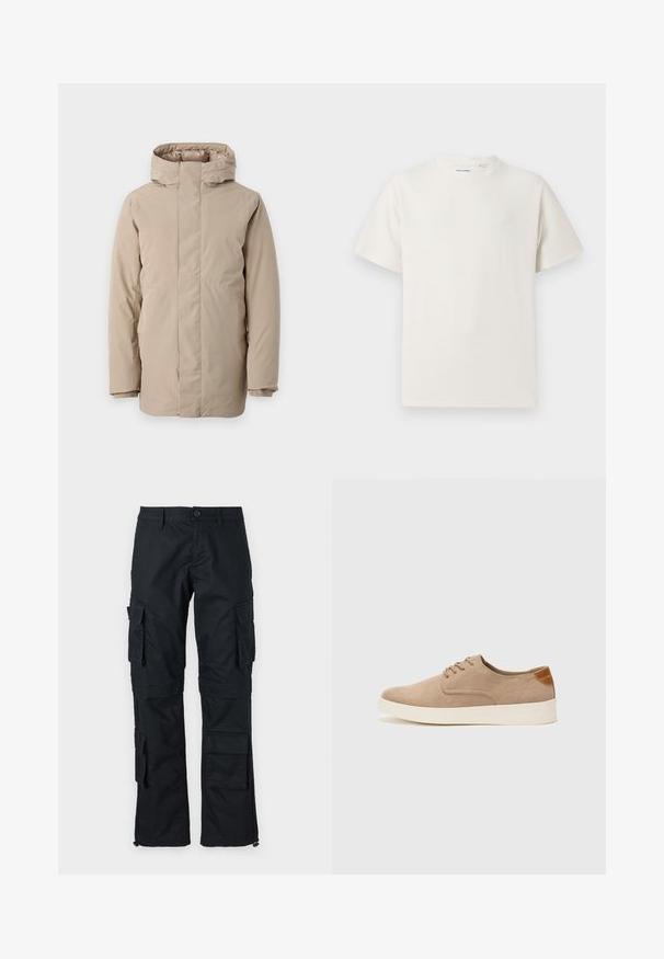 Béžová péřová bunda s vysokým límcem, dlouhými rukávy a streamlined designem. Vyrobena z hladké tkaniny s voděodolnou úpravou.; Bílý krátký rukáv tričko s pružnou strukturou. Kulatý výstřih, volný střih, bez viditelných vzorů nebo detailů. Jednoduchý a univerzální design.; Černé cargo kalhoty s více bočními kapsami, zapínáním na knoflík a nastavitelnými lemy na kotnících. Vyráběny z robustní látky a mají rovný střih.; Béžové semišové tenisky s kulatou špičkou, šněrováním vpředu a texturovaným zadním akcentem. Bílá gumová podrážka poskytuje kontrast. Jednoduchý a moderní design.