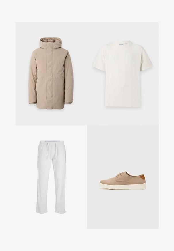 Beige pufferjakke med høj krave, lange ærmer og et strømlinet design. Fremstillet af glat stof med en vandafvisende finish.; Hvid kortærmet T-shirt i ribbet tekstur. Rund halsudskæring, løs pasform, ingen synlige mønstre eller accenter. Enkel og alsidig design.; Jack & Jones JPSTKANE SUMMER JOGGER  - Bukser - bright white; Beige ruskinds sneakers med rund tå, snørebånd foran og en struktureret rygdetalje. Hvid gummisål giver kontrast. Enkel og moderne design.