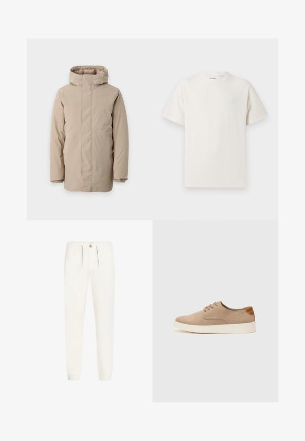 Beige Steppjacke mit hohem Kragen, langen Ärmeln und einem schlanken Design. Hergestellt aus glattem Stoff mit wasserabweisender Beschichtung.; Weißes T-Shirt mit kurzen Ärmeln in gerippter Textur. Runder Ausschnitt, lockere Passform, keine sichtbaren Muster oder Akzente. Einfaches und vielseitiges Design.; Weiße, leichte Hose aus weichem Stoff. Verfügt über einen elastischen Bund mit Kordelzug, einen Knopfverschluss und gerippte Bündchen.; Beige Wildleder-Sneaker mit runder Zehenpartie, Schnürung und strukturiertem Rückenteil. Die weiße Gummisohle sorgt für einen Kontrast. Einfaches und modernes Design.