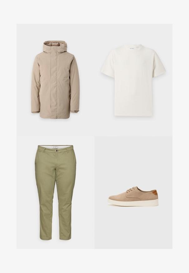 Bež puffer jakna s visokim ovratnikom, dugim rukavima i aerodinamičnim dizajnom. Izrađena od glatkog materijala s vodootpornim premazom.; Bijela kratka majica s kratkim rukavima u rebrastoj teksturi. Okrugli izrez, ležeran kroj, bez vidljivih uzoraka ili akcenta. Jednostavan i svestran dizajn.; Kaki chinos s uskim krojem, s prednjim zatvaranjem na dugme, petljama za remen i bočnim džepovima. Glatka pamučna tkanina s mekim teksturom.; Bež nubuk tenisice s okruglim vrhom, vezanjem sprijeda i teksturiranim stražnjim naglaskom. Bijela gumena potpetica pruža kontrast. Jednostavan i moderan dizajn.