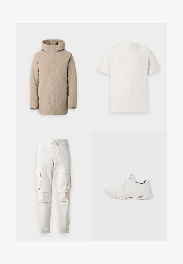 Beige puffer jacket featuring a high collar, long sleeves, and a streamlined design. Made from smooth fabric with a water-resistant finish.; White short-sleeve T-shirt in a ribbed texture. Round neckline, relaxed fit, no visible patterns or accents. Simple and versatile design.; Light beige cargo pants with an elastic waistband, drawstring, side pockets, and tapered cuffs. Made from a smooth, lightweight fabric.; White athletic shoes featuring a textured knit upper, flat laces, and a cushioned sole with visible air chambers for added support.