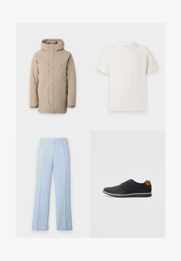 Beige pufferjacka med hög krage, långa ärmar och en strömlinjeformad design. Tillverkad av slät tyg med vattenbeständig yta.; Vit t-shirt med kort ärm i ribbad struktur. Rund halsringning, löst sittande passform, inga synliga mönster eller detaljer. Enkelt och mångsidigt design.; Ljusblå, vida byxor i mjukt tyg med ribbat mönster och elastisk midja, med frontveck och avslappnad passform.; Svarta syntetiska skor med en strukturerad ovandel, släta detaljer, brun klack och en kontrasterande sula. Har minimal snörning och sömdetaljer.