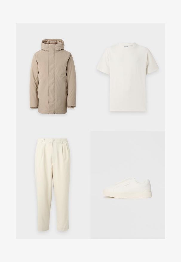 Beige pufferjakke med høj krave, lange ærmer og et strømlinet design. Fremstillet af glat stof med en vandafvisende finish.; Hvid kortærmet T-shirt i ribbet tekstur. Rund halsudskæring, løs pasform, ingen synlige mønstre eller accenter. Enkel og alsidig design.; Beige, skræddersyede bukser med en frontfold og lige snit. Har en talje med løkker og manchetterede sømme. Glat tekstur.; Hvide slip-on sneakers med en struktureret overflade, en tyk sål og et minimalistisk design. Har brandlogoet på siden.