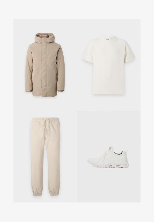 Doudoune beige avec un col montant, des manches longues et un design épuré. Fabriquée en tissu lisse avec une finition déperlant.; T-shirt blanc à manches courtes en texture côtelée. Encolure ronde, coupe décontractée, sans motifs ni accents visibles. Design simple et polyvalent.; Pantalons de jogging légers beiges avec une taille élastique et un cordon de serrage. Poignets fuselés au niveau de la cheville, texture lisse, design minimaliste.; Baskets blanches de sport avec un dessus en maille texturée, des lacets plats et une semelle rembourrée avec des chambres à air visibles pour un soutien supplémentaire.