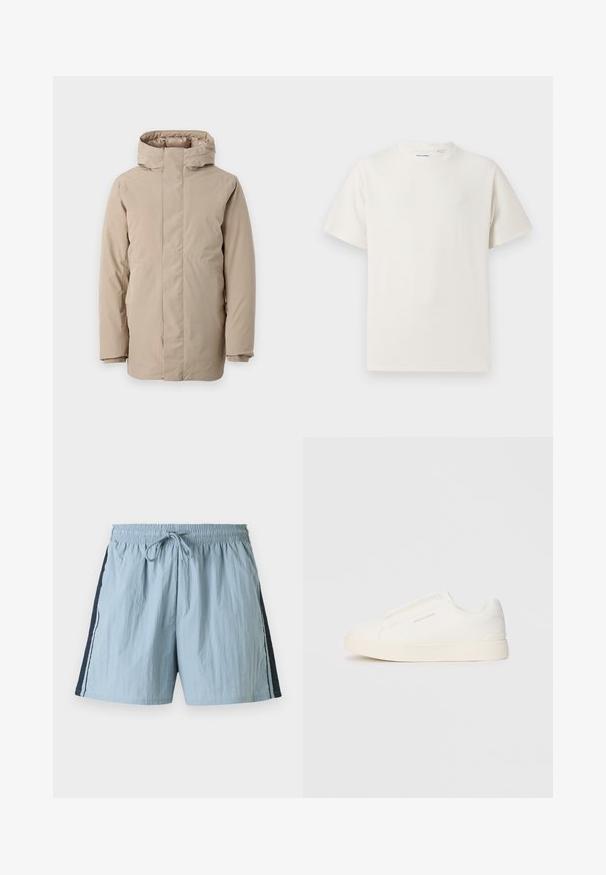 Bež puffer jakna s visokim ovratnikom, dugim rukavima i aerodinamičnim dizajnom. Izrađena od glatkog materijala s vodootpornim premazom.; Bijela kratka majica s kratkim rukavima u rebrastoj teksturi. Okrugli izrez, ležeran kroj, bez vidljivih uzoraka ili akcenta. Jednostavan i svestran dizajn.; Svijetloplave kupaće hlače s elastičnim pojasom i vezicom. Imaju tamnoplave bočne panele i bijele obrube uzduž stranica. Lagani materijal.; Bijele slip-on tenisice s teksturiranom površinom, debelim đonom i minimalističkim dizajnom. Sadrže logo branda sa strane.