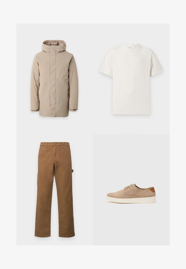 Giacca puffer beige con colletto alto, maniche lunghe e design aerodinamico. Realizzata in tessuto morbido con finitura resistente all'acqua.; T-shirt bianca a maniche corte in texture a coste. Girocollo, vestibilità rilassata, senza modelli o accenti visibili. Design semplice e versatile.; Pantaloni cargo marroni in cotone con gambe dritte, dotati di tasche laterali e chiusura con bottone metallico in vita. Tessuto liscio e design casual.; Sneaker in suede beige con punta arrotondata, stringhe davanti e un accento testurizzato sul retro. La suola in gomma bianca offre un contrasto. Design semplice e moderno.