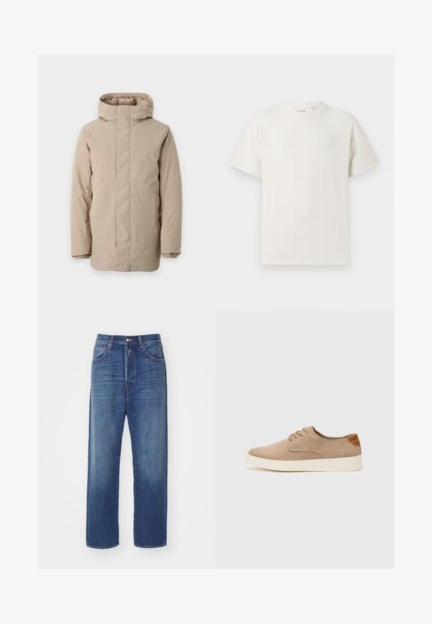 Bežs pūkains mētelis ar augstu apkakli, garām piedurknēm un plūstošu dizainu. Izgatavots no gludas auduma ar ūdensizturīgu apdari.; Balta krūštura īsām piedurknēm ar ribota auduma faktūru. Apaļš kakla izgriezums, brīvs griezums, bez redzamām rakstām vai akcentiem. Vienkāršs un daudzpusīgs dizains.; Tumši zili džinsi ar taisnu kāju griezumu, ar priekšējo pogu aizdari, piecām kabatām un gaismas izbalēšanas detaļām audumā.; Beige zamšādas kedas ar noapaļotu purngala daļu, auklēm saplacinātu priekšpusi un teksturētu aizmugures akcentu. Balta gumijas zole nodrošina kontrastu. Vienkāršs un mūsdienīgs dizains.