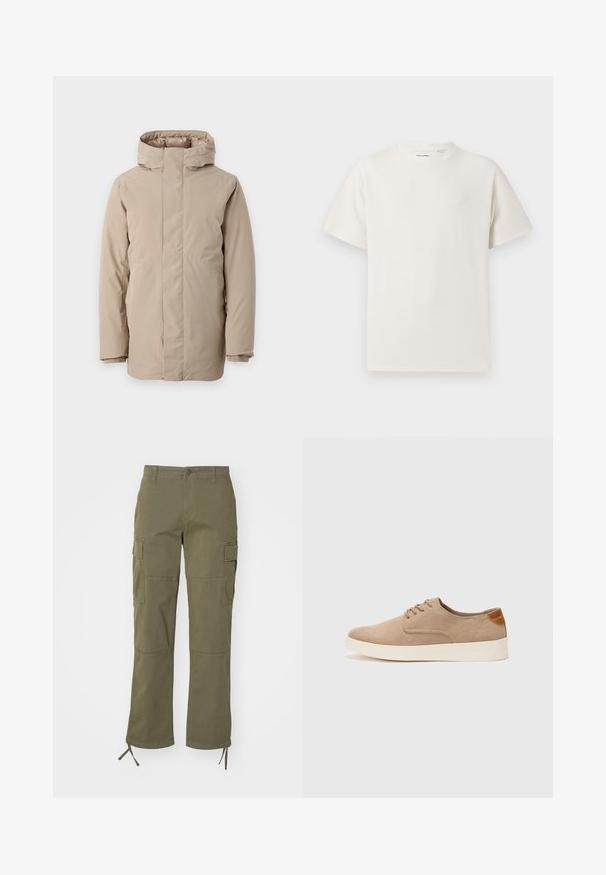 Beige Steppjacke mit hohem Kragen, langen Ärmeln und einem schlanken Design. Hergestellt aus glattem Stoff mit wasserabweisender Beschichtung.; Weißes T-Shirt mit kurzen Ärmeln in gerippter Textur. Runder Ausschnitt, lockere Passform, keine sichtbaren Muster oder Akzente. Einfaches und vielseitiges Design.; Olivegrüne Cargo-Hosen mit geradem Bein, ausgestattet mit zwei Seitentaschen und verstellbaren Bändern an den Bündchen. Hergestellt aus strapazierfähigem Material.; Beige Wildleder-Sneaker mit runder Zehenpartie, Schnürung und strukturiertem Rückenteil. Die weiße Gummisohle sorgt für einen Kontrast. Einfaches und modernes Design.