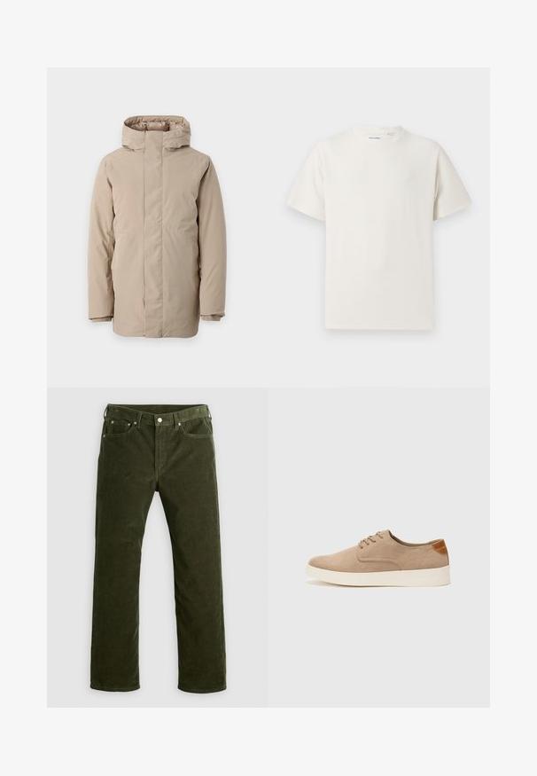 Bežna puhuča jakna z visokim ovratnikom, dolgimi rokavi in poenostavljenim dizajnom. Narejena iz gladkega blaga z vodoodbojnim premazom.; Bela majica s kratkimi rokavi iz rebraste tkanine. Okrogli izrez, sproščen kroj, brez vidnih vzorcev ali naglasov. Preprosta in vsestranska zasnova.; Olivnozelene kordne hlače ravnega kroja s sprednjim gumbom, zadrgo, cintom za pas in obliko s petimi žepi na beli podlagi.; Bež tkanine usnjene superge z zaobljenim nosom, vezalkami na sprednji strani in teksturiranim zadnjim detajlom. Belo gumijasto podplato zagotavlja kontrast. Enostaven in sodoben dizajn.