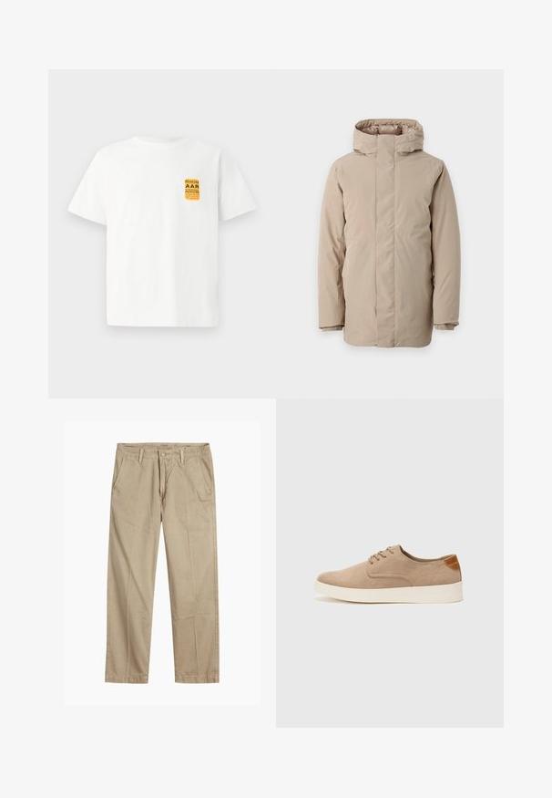 Beige pufferjakke med høj krave, lange ærmer og et strømlinet design. Fremstillet af glat stof med en vandafvisende finish.; Hvid bomulds t-shirt med korte ærmer, prydet med et gult og sort grafisk design på den øverste venstre side.; Beige lige ben chinos med bæltestropper, frontknap og lynlås lukning samt skrå frontlommer.; Beige ruskinds sneakers med rund tå, snørebånd foran og en struktureret rygdetalje. Hvid gummisål giver kontrast. Enkel og moderne design.