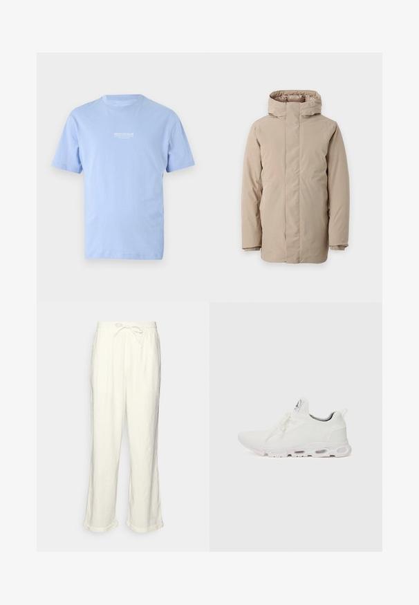 Casaco puffer bege com colarinho alto, mangas longas e um design aerodinâmico. Fabricado em tecido suave com acabamento à prova d'água.; T-shirt de manga curta em azul claro com decote redondo, com pequeno texto branco "DENIM TOM TAILOR" centralizado no peito.; Calças de linho em off-white com um cós elástico, pernas ligeiramente largas e acabamentos dobrados para um ajuste descontraído. Sem bolsos.; Ténis atléticos brancos com um superior em malha texturizada, atacadores planos e uma sola acolchoada com câmaras de ar visíveis para maior suporte.