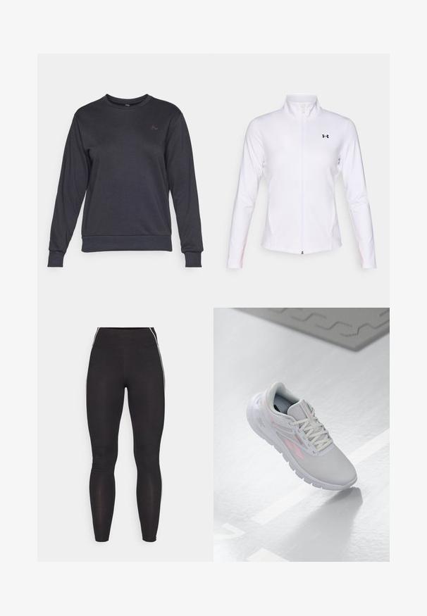 Fehér zipzáros sportdzseki sima anyagból, hosszú ujjal, álló gallérral és fekete logóval a bal oldalon.; Sötét szürke pulóver, puha anyagból, hosszú ujjakkal, kerek nyakkivágással és egy apró rózsaszín logóval a bal mellrészén.; Fekete leggings rugalmas anyagból, magas derekú fazonban. Fehér oldalsávokkal rendelkezik, sima tapintású.; Világosszürke sportcipő rózsaszín kiegészítőkkel, hálós felsőrésszel, lekerekített orral, párnázott talppal és fűzős záródással. A felület sima és fényvisszaverő.