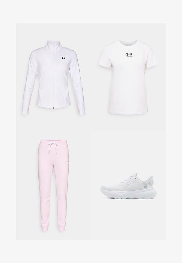 White zip-up sports jacket made of smooth fabric, featuring long sleeves, a stand collar, and a black logo on the left side.; White cotton T-shirt with short sleeves. Features a black Under Armour logo on the chest. Classic crew neck design. Smooth texture.; Light pink sweatpants with a drawstring waist, elastic cuffs, and a small logo on the left thigh. Made from soft, comfortable fabric.; White athletic shoes with a textured mesh upper, lace-up design, padded collar, and a cushioned white sole. Features a subtle logo on the side.