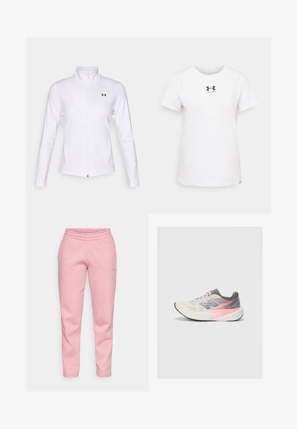 Fehér zipzáros sportdzseki sima anyagból, hosszú ujjal, álló gallérral és fekete logóval a bal oldalon.; Fehér, rövid ujjú pamut póló. Fekete Under Armour logóval a mellen. Klasszikus kerek nyakú kialakítás. Sima tapintású.; Világos rózsaszín melegítőnadrág ribbelszövetből készült, rugalmas derékkal, szűkített lábszárral és eltérő színű apró logórésszel az oldalon.; Világosszürke és rózsaszín New Balance futócipő vastag fehér talppal és fekete talppal, oldalnézet tiszta háttéren.