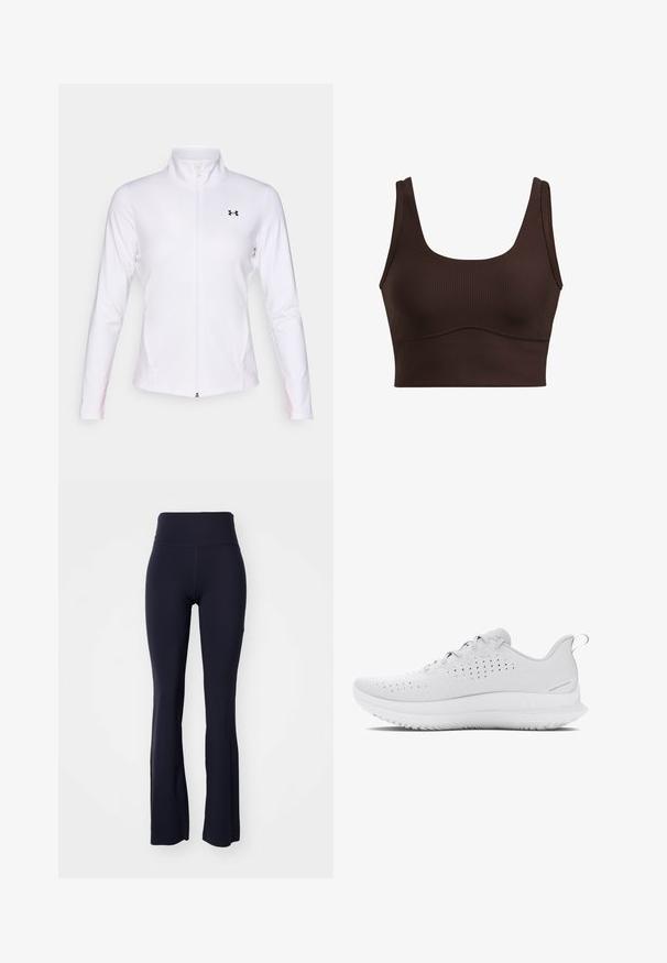 Valkoinen vetoketjullinen urheilutakki, joka on valmistettu sileästä kankaasta. Takissa on pitkät hihat, nousukaulus ja musta logo vasemmalla puolella.; Ruskea ribbimekko, jossa on leveät hihnat, neliömäinen kaula-aukko ja saumatonta ompelua vyötäröllä, jonka pinta on sileä.; Leggings mustat, jotka ovat levenevät ja valmistettu joustavasta kankaasta, jossa on korkea vyötärö. Sileä pinta ja tiukka muoto, sopii aktiiviseen käyttöön.; Vaaleanharmaat urheilukengät, joissa on teksturoitu päällinen, rei'itykset hengittävyyden parantamiseksi ja kumipohja, jossa on erottuva kuvio.