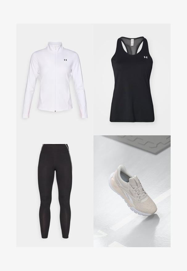Casaco desportivo branco com fecho éclair, feito de tecido suave, com mangas longas, colarinho elevado e um logotipo preto no lado esquerdo.; Camisola desportiva preta de alças, com um tecido texturizado, design às costas tipo corredor e um discreto detalhe do logotipo no peito. Material leve e respirável.; Leggings pretos feitos de material elástico com uma cintura alta. Apresentam riscas brancas nas laterais e uma textura suave por toda a peça.; Shoe desportivo beige claro com parte superior perfurada, detalhes texturizados, colarinho acolchoado e sola de borracha branca, projetado para conforto e respirabilidade.