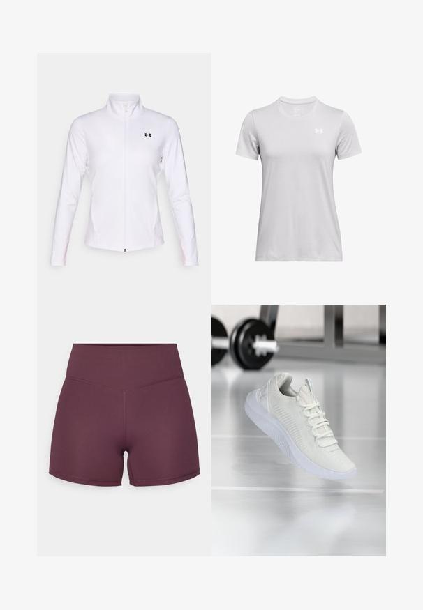 Hvit zip-up sportsjakke laget av glatt stoff, med lange ermer, stående krage, og en svart logo på venstre side.; T-skjorte med korte ermer i lyse grått stoff, med rund hals og en liten, hvit logo på venstre bryst. Myk tekstur.; Mauve treningsshorts laget av elastisk stoff, med høy livlinje og glatt tekstur med kontraststingdetaljer.; Hvit atletisk sneaker med et teksturert mesh-overdel og snøring, med en polstret hvit såle og subtile ribbede detaljer.