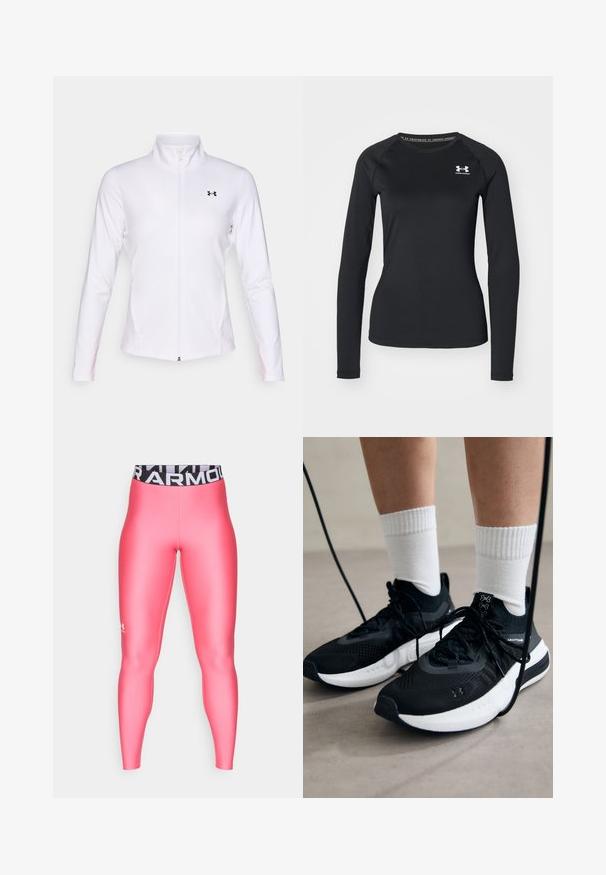 Bela športna jakna na zadrgo iz gladkega blaga, z dolgimi rokavi, stoječim ovratnikom in črnim logotipom na levi strani.; Črna dolga športna majica s splošno teksturo, ki ima okroglo izrezovanje in majhen bel znak na levem prsnem delu.; Under Armour HEATGEAR - Pajkice - super pink/white; Črne športne čevlje z strukturirano tkanino, belo podplatom in črnimi vezalkami. Nosi se z belimi rebrastimi nogavicami, stoje na svetli površini.