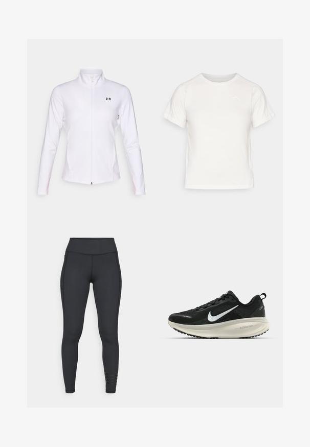 Bijela sportska jakna s patentnim zatvaračem, napravljena od glatkog materijala, s dugim rukavima, stojećim ovratnikom i crnim logom s lijeve strane.; Lagani bijeli T-shirt s kratkim rukavima, okruglim izrezom i malim logotipom u gornjem lijevom kutu. Glatka tkanina s suptilnim sjajem.; Crne tajice izrađene od rastezljivog materijala, s visokim pojasom, elegantnim dizajnom i prugastim detaljima u predjelu gležnjeva.; Crne Nike trkačke tenisice s prozračnom mrežastom gornjom konstrukcijom, bijelim swoosh logotipom, teksturiranim detaljima i kremastom ZoomX srednjom potplatnom jedinicom.