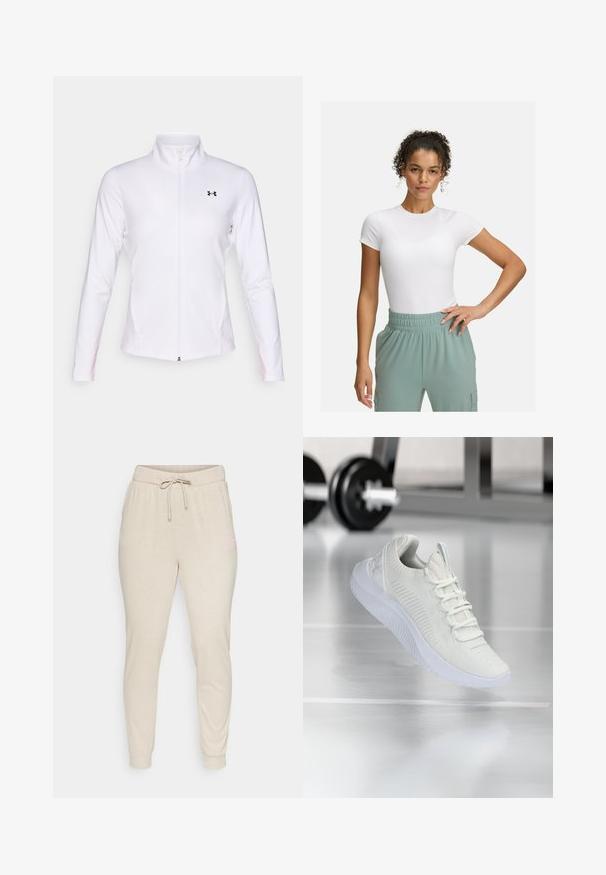 Giacca sportiva zip-up bianca realizzata in tessuto liscio, con maniche lunghe, collo rialzato e un logo nero sul lato sinistro.; T-shirt bianca aderente con maniche corte, abbinata a pantaloni con elastico in vita di colore verde chiaro. Texture liscia, design minimalista e nessun motivo visibile.; Pantaloni della tuta beige realizzati in tessuto morbido, con vita elasticizzata e cordoncino, e polsini a costine. Piccolo dettaglio del logo rosa sul lato.; Sneaker atletico bianco con tomaia in rete testurizzata e sistema di allacciatura, caratterizzato da una suola bianca ammortizzata e sottili accenti rigati.