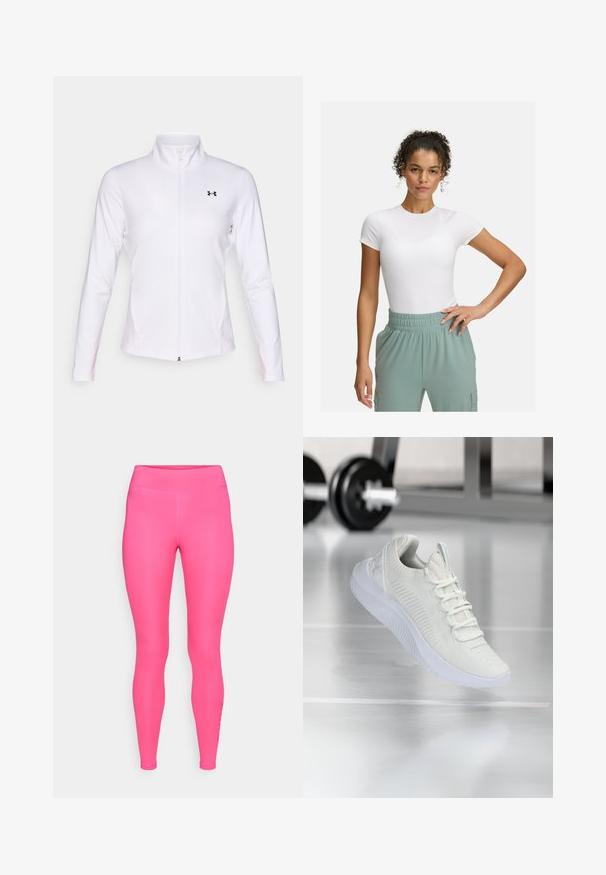 Bílá sportovní bundy na zip vyrobená z hladkého materiálu, s dlouhými rukávy, stojáčkovým límcem a černým logem na levé straně.; Bílá přiléhavá trička s krátkým rukávem, spárované se světlými zelenými kalhotami s elastickým pasem. Hladká textura, minimalistický design a žádné viditelné vzory.; Světlé růžové legíny s hladkou, elastickou texturou; vysoký pas a přiléhavý střih; obsahují jemné detalizování na bocích.; Bílé atletické tenisky s texturovaným síťovým svrškem a systémem šněrování, s polstrovanou bílou podrážkou a jemnými žebrovanými detaily.