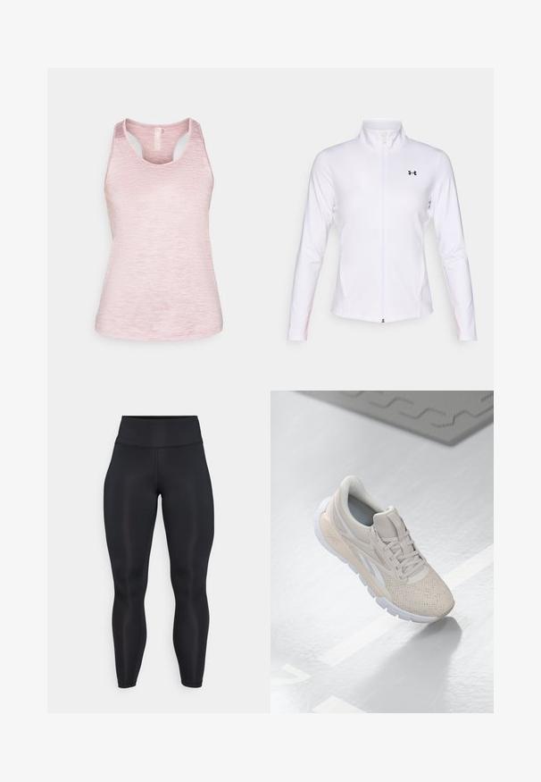 Veste de sport blanche zippée fabriquée en tissu lisse, dotée de manches longues, d'un col montant et d'un logo noir sur le côté gauche.; Débardeur sans manches de couleur rose clair avec une texture mélangée, encolure ronde et détail de dos découpé. Tissu doux avec une coupe décontractée.; Leggings noirs taille haute, longs, en tissu lisse avec des coutures visibles à l'avant et à la ceinture.; Chaussure de sport beige clair avec une tige perforée, des accents texturés, un col rembourré et une semelle en caoutchouc blanche, conçue pour le confort et la respirabilité.