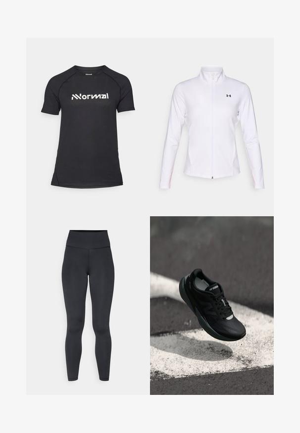 Valge töötlusriie, millel on pikad varrukaid, üles tõmmatav kaelus ja must logo vasakul küljel.; Must have lühikeste varrukatega sportpusa mustast värvist, millel on tekstuuriga kangas ja kontrastse valge logo asetus rinnal. Ümar kaelus ja vormitud disain.; Kõrge vöökohaga mustad retuusid, mis on valmistatud venivast materjalist, omavad siledat tekstuuri ja lähedalt liibuvat disaini, koos minimaalsete õmbluse detailidega.; Mustmustööd mustad jooksujalatsid tekstureeritud pealsed, sujuv disain ja helendavad aktsendid. Omab pehmet, polsterdatud tallat, mis tagab mugavuse.