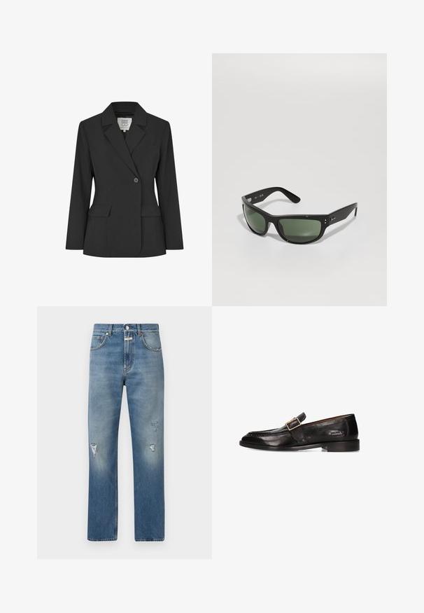 Czarna marynarka wykonana z gładkiego materiału, wyposażona w zapięcie na dwa guziki, klapy w kształcie notcha oraz przednie kieszenie. Prosty, dopasowany krój.; Czarna kamizelka z delikatnym koronkowym wykończeniem na brzegach, asymetrycznym krojem, regulowanymi ramiączkami i gładkim, satynowym materiałem.; Jasnoniebieskie dżinsy o luźnym kroju, z przetarciami i zamkiem błyskawicznym. Klasyczny fason pięciu kieszeni oraz proste nogawki.; Czarne skórzane mokasyny z okrągłym noskiem, dekoracyjnymi detalami szycia i metalowym klamrą na wierzchu. Płaska czarna podeszwa.; Czarne okulary przeciwsłoneczne z zielonymi soczewkami, z grubą oprawą i smukłym designem. Szczególne detale to logo na boku oraz wygięte zauszniki.