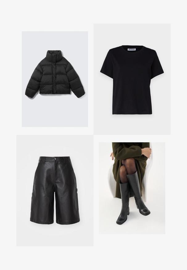 Melna, īsa dūnu jaka ar augstu apkakli, kas satur horizontālas quiltētas sadaļas un platām piedurknēm, nodrošinot papildu siltumu un izolāciju.; Melna īsām piedurknēm T-krekls no kokvilnas. Iespējo apaļu kakla izgriezumu un brīvu piegriezumu. Etiķete uz apkakles saka "WEEKDAY".; Melni ādas šorti ar taisnu griezumu, kuriem ir divi priekšējie kabatas un smalki izšuvumi. Gluda tekstūra un izturīgs materiāls.; Ceļgalu augstuma melni ādas zābaki ar kvadrātu purngalu un bloku papēdi, attēloti modelī, kurš sēž olīvu zaļā mētelī. Gluda tekstūra, minimāla apdare.