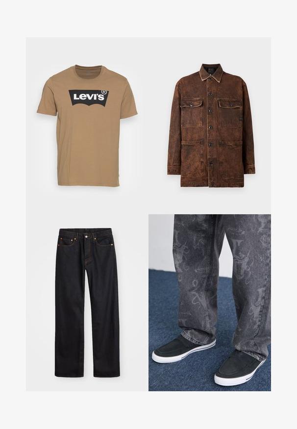 Braune Denimjacke mit vier Vorderaschen, Knopfverschluss und einer dezenten, abgenutzten Textur. Sie verfügt über Kontrastnähte und einen klassischen Kragen.; Levi's® GRAPHIC CREWNECK TEE - T-Shirt print - petrified oak; Herren gerade geschnittene schwarze Jeans aus Denim mit fünf Taschen und orangefarbenen Nähten, Knopf- und Reißverschluss vorne am Bund.; Schwarze Slipper mit weißer Sohle, strukturiert, kombiniert mit grauen Jeans mit einem subtilen Muster, vor einem blauen Teppichhintergrund.