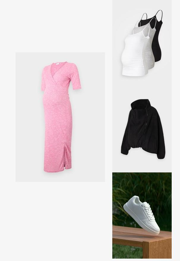 Melnā vilnas jaka ar augstu apkakli, ar rāvējslēdzēja priekšpusi un elastīgu apakšmalu. Iekļautas krūšu kabata un sānu kabatas. Mīksts, teksturēts audums.; Rozā ribota grūtnieču kleita ar V-veida kakla izgriezumu, īsām piedurknēm un divām sānu šķēlēm ērtībai. Izgatavota no mīksta, elastīga auduma, lai nodrošinātu komfortu.; Trīs grūtniecības tērpi bez piedurknēm baltā, pelēkā un melnā krāsā. Elastīgs audums ar regulējamiem tievajiem plecu siksniņām un savilktām sānu šuvēm komfortam.; Baltie sporta apavi ar gludu sintētisku augšpusi, perforētu pirkstu daļu, plakani šņorēm un rakstainu zoli, novietoti uz koka virsmas.