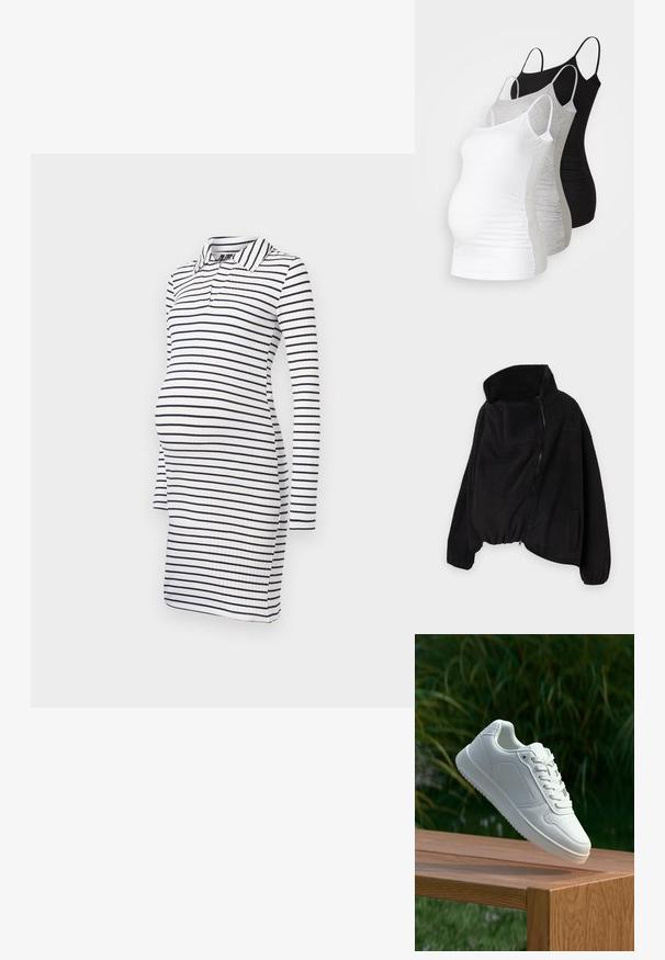 Czarna polarowa kurtka z wysokim kołnierzem, zamkiem błyskawicznym z przodu i elastycznym dołem. Posiada kieszeń na piersi oraz kieszenie boczne. Miękki, teksturowany materiał.; Pasiasta sukienka ciążowa z długimi rękawami, z kołnierzykiem, wykonana z białego materiału z granatowymi poziomymi paskami i strukturalną fakturą.; Trzy topy ciążowe na ramiączkach w kolorze białym, szarym i czarnym. Elastyczny materiał z regulowanymi ramiączkami i zaszewkami po bokach dla wygody.; Biały sneaker z gładką syntetyczną cholewą, perforowanym noskiem, płaskimi sznurowadłami i teksturowaną podeszwą, wyeksponowany na drewnianej powierzchni.