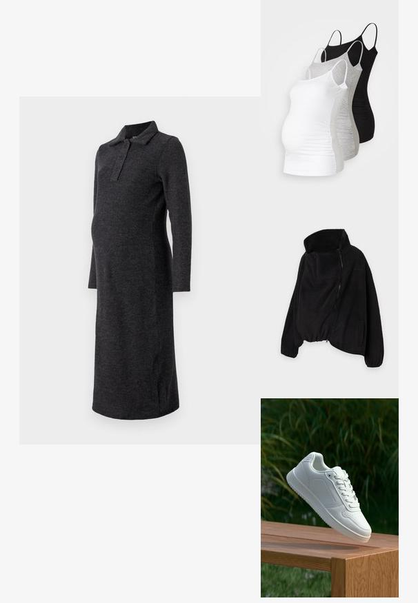 Črna flis jakna z visokim ovratnikom, zadrgo spredaj in elastičnim robom. Ima žep na prsih in stranske žepe. Mehka, teksturirana tkanina.; Temno siva pletena materinska obleka, dolgi rokavi, polo ovratnik, gumbasta zapenjalna plošča, ožji kroj, do kolen, mehak material, stranske razpoke.; Tri materinski topi brez rokavov v beli, sivi in črni barvi. Raztegljiv material z nastavljivimi naramnicami in nabranimi stranskimi šivi za udobje.; Bela teniska s gladkim sintetičnim zgornjim delom, perforiranim prednjim delom, ravnimi vezalkami in teksturiranim podplatom, prikazana na leseni površini.