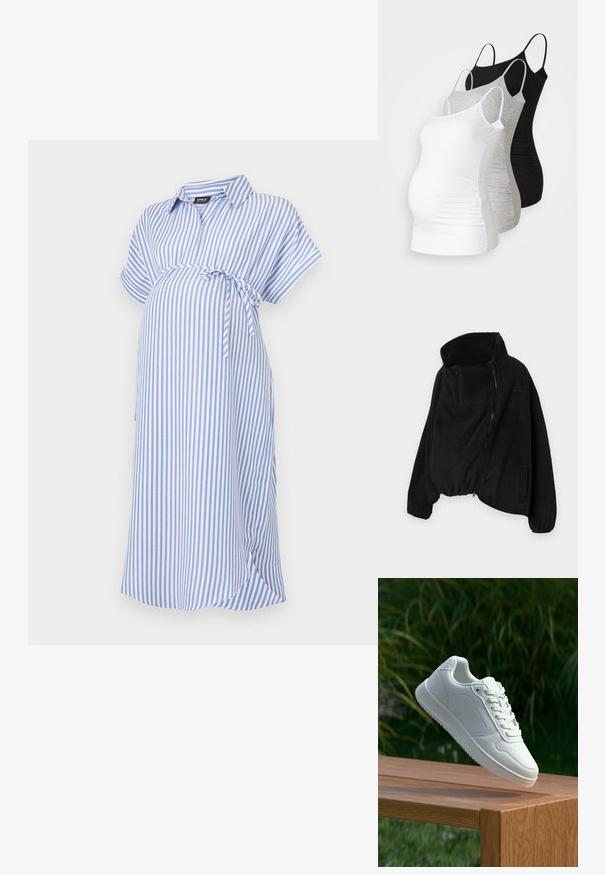 Casaco de fleece preto com colarinho alto, fecho zip e parte inferior elástica. Apresenta um bolso no peito e bolsos laterais. Tecido suave e texturizado.; Vestido de maternidade às riscas azuis e brancas, mangas curtas, gola com colarinho, apresenta um laço na cintura, feito de um tecido suave com um corte descontraído.; Três tops de maternidade sem mangas em branco, cinza e preto. Tecido elástico com alças ajustáveis e costuras laterais franzidas para maior conforto.; Sapatilha branca com um cabedal sintético liso, caixa dos dedos perfurada, atacadores planos e uma sola texturizada, exposta sobre uma superfície de madeira.