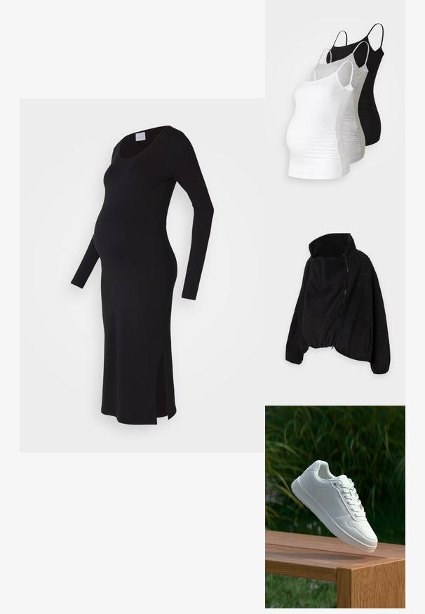 Crna flis jakna s visokim ovratnikom, prednjim patentnim zatvaračem i elastičnom donjom rubom. Ima džep na prsima i bočne džepove. Mekana, teksturirana tkanina.; Crna dugoo rukava haljina za trudnoću, priljubljen kroj, izrez u obliku lopte, bočni prorezi za lakše kretanje, napravljena od mekanog, rastezljivog materijala.; Tri majice za trudnice bez rukava u bijeloj, sivoj i crnoj boji. Elastični materijal s podesivim trakama i naboranim bočnim šavovima za udobnost.; Bijela tenisica sa glatkim sintetičkim gornjim dijelom, perforiranim prednjim dijelom, ravnim vezicama i teksturiranom potplatom, prikazana na drvenoj površini.