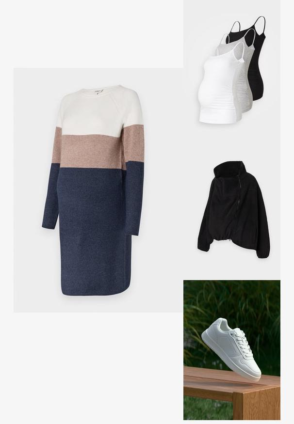 Černá fleecová bunda s vysokým límcem, zipovým předním zapínáním a elastickým lemem. Obsahuje náprsní kapsu a boční kapsy. Měkká, strukturovaná tkanina.; Pletené šaty s dlouhými rukávy, s barevným blokovým designem v krémové, taupe a námořnické barvě. Měkká textura a kulatý výstřih.; Tři těhotenské tílka v bílé, šedé a černé barvě. Elastická látka s nastavitelnými ramínky a nařasenými bočními švy pro pohodlí.; Bílé tenisky s hladkým syntetickým svrškem, perforovanou špičkou, plochými tkaničkami a texturovanou podrážkou, vystavené na dřevěném povrchu.