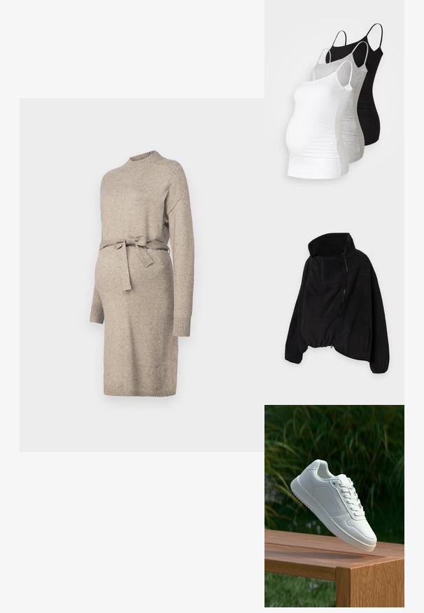 Juodas vilnonis džemperis su aukšta apykakle, užtrauktuku priekyje ir elastingu gale. Yra krūtinės kišenė ir šoninės kišenės. Minkšta, tekstūruota medžiaga.; Mezgimo nėščiųjų suknelė šviesiai smėlinė, su apvalia iškirpte, ilgomis rankovėmis ir juosmens juosta. Su ribotomis rankovėmis ir vidutinio ilgio dizainu.; Trys nėštumo marškiniai be rankovių – balti, pilki ir juodi. Tampri medžiaga su reguliuojamomis petnešėlėmis ir susiraukšlėjusiomis šoninėmis siūlėmis, užtikrinančiomis komfortą.; Balti sneakeriai su lygia sintetine viršutine dalimi, perforuota pirštų zona, plokščiomis raištelėmis ir tekstūruotu padu, padėti ant medinės paviršiaus.