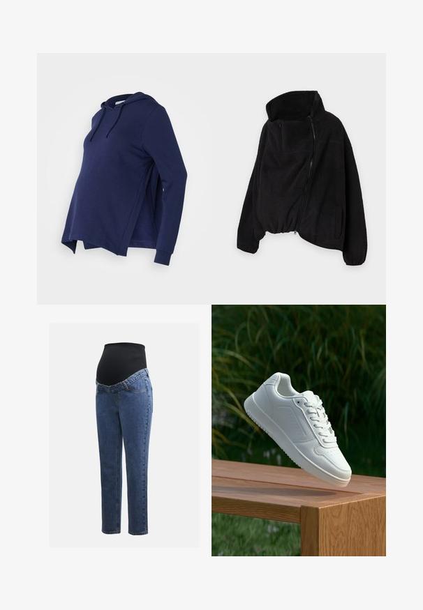 Svart fleecejakke med høy krage, glidelås foran og elastisk nederkant. Har brystlomme og sidelommer. Myk, strukturert stoff.; Marineblå graviditetshoodie med kengurulomme, lange ærmer, justerbar snorhette og sidespalter for ekstra komfort.; Graviditetsjeans med ben i blå denim og et svart elastisk magepanel designet for å støtte og dekke en voksende buk.; Hvite sneakers med en glatt syntetisk overdel, perforert tåboks, flate snørebånd og en teksturert såle, vist på en treflate.