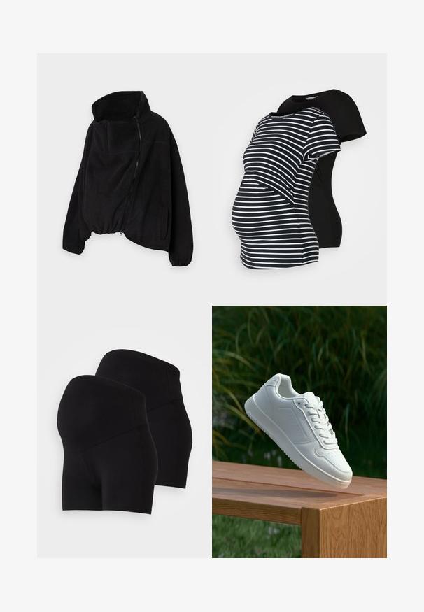 Melnā vilnas jaka ar augstu apkakli, ar rāvējslēdzēja priekšpusi un elastīgu apakšmalu. Iekļautas krūšu kabata un sānu kabatas. Mīksts, teksturēts audums.; Divas grūtniecēm paredzētas T-kreklas: viens melns, otrs melnbalts ar svītrām. Abiem ir īsas piedurknes un izliekts apakšmalas dizains, kas nodrošina komfortu grūtniecības laikā.; Melnas elastīgas šortus ar augstu jostasvietu, ar gludu tekstūru un pieguļošu dizainu. Parādītas divas identiskas pāris.; Baltie sporta apavi ar gludu sintētisku augšpusi, perforētu pirkstu daļu, plakani šņorēm un rakstainu zoli, novietoti uz koka virsmas.