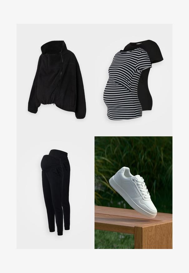 Crna flis jakna s visokim ovratnikom, prednjim patentnim zatvaračem i elastičnom donjom rubom. Ima džep na prsima i bočne džepove. Mekana, teksturirana tkanina.; Dva majice za trudnice: jedna crna, druga crno-bijela prugasta. Obje imaju kratke rukave i zakrivljeni rub, dizajnirane za udobnost tijekom trudnoće.; Crne trudničke trenirke s preklopnim pojasom, bočnim džepovima i suženim dizajnom nogavica. Izrađene od mekog, rastezljivog materijala za udobnost.; Bijela tenisica sa glatkim sintetičkim gornjim dijelom, perforiranim prednjim dijelom, ravnim vezicama i teksturiranom potplatom, prikazana na drvenoj površini.